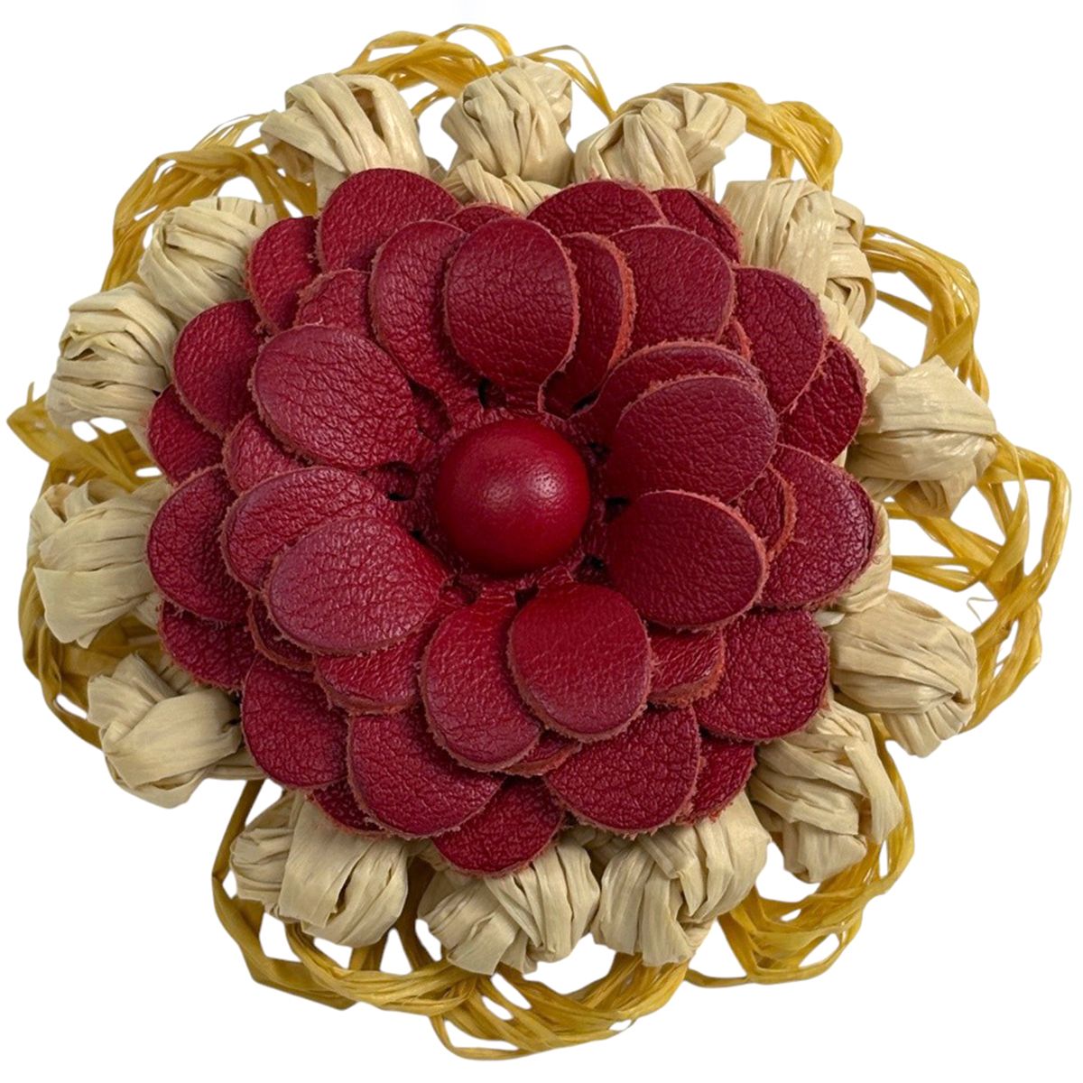 Loewe Stud Flower Brooch Raffia Leather Beige Red