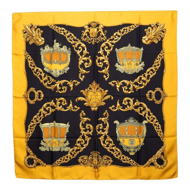 Hermes Carre 90 Carrosses D'or Gold Carriage Scarf Yellow Multicolor Silk