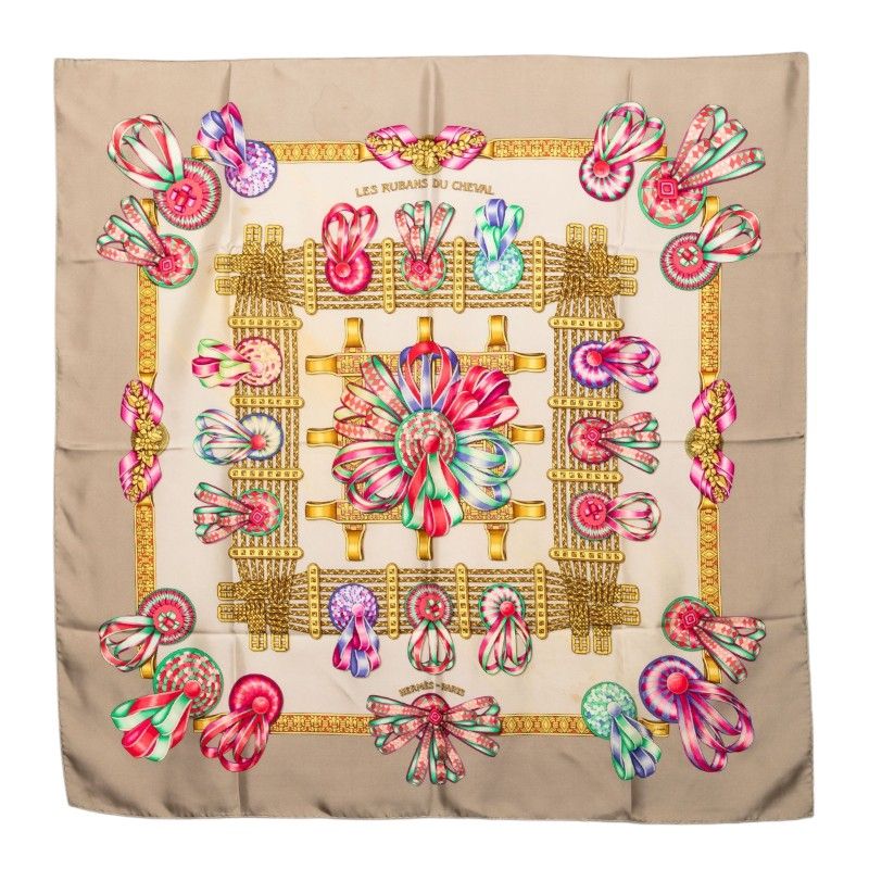 Hermes Carre 90 les Rubans du Cheval Horse Ribbon Scarf Gray Multicolor Silk