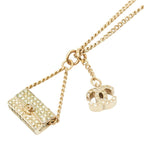 Chanel CC Logo Quilted Bag Motif Chain Pendant Necklace Gold Rhinestone Plated