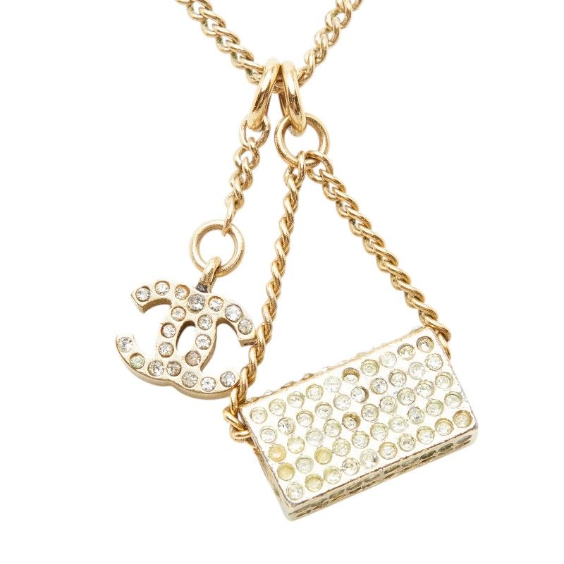 Chanel CC Logo Quilted Bag Motif Chain Pendant Necklace Gold Rhinestone Plated — view 3