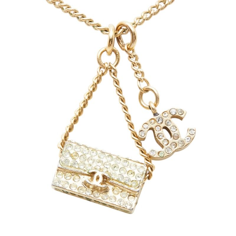 Chanel CC Logo Quilted Bag Motif Chain Pendant Necklace Gold Rhinestone Plated — view 2