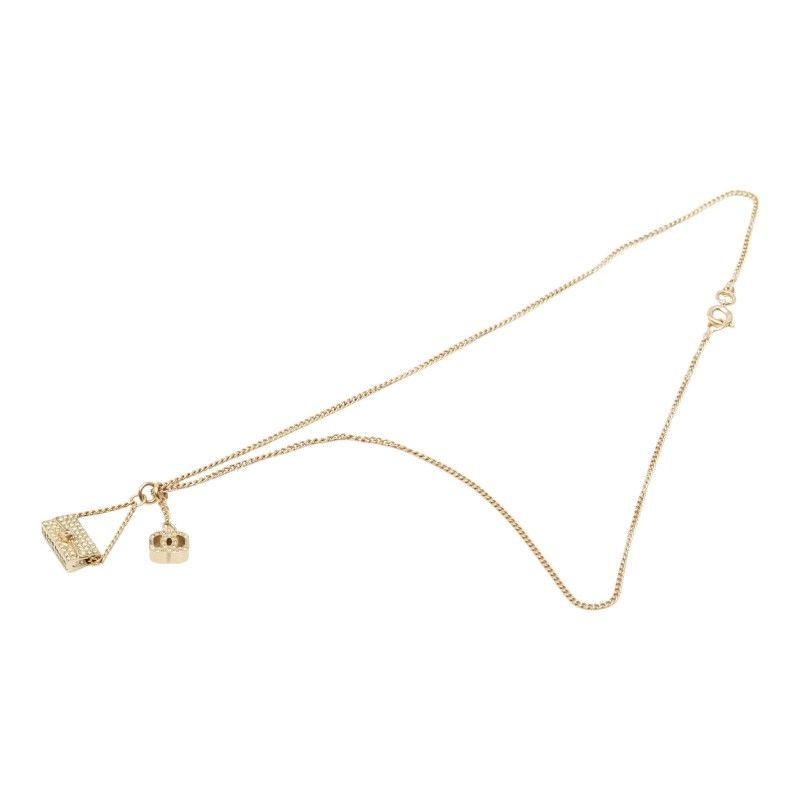 Chanel CC Logo Quilted Bag Motif Chain Pendant Necklace Gold Rhinestone Plated — view 4