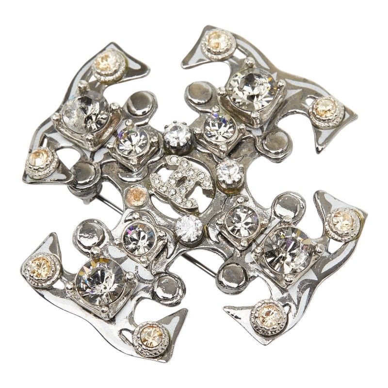 Chanel CC Logo Brooch Silver Metal Rhinestone