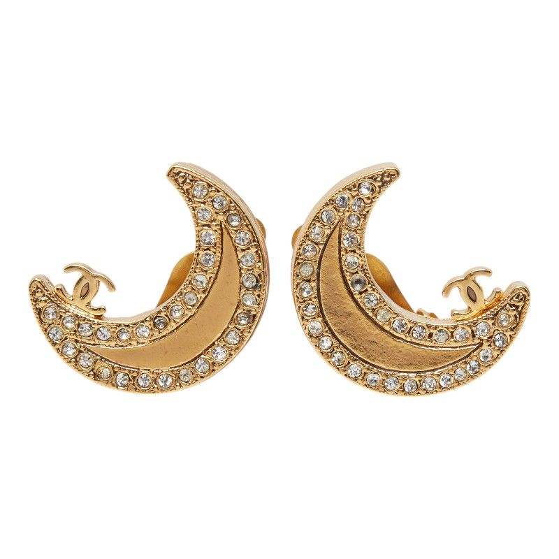 Chanel CC Logo Moon Motif Earrings Gold Plated Rhinestone — view 2