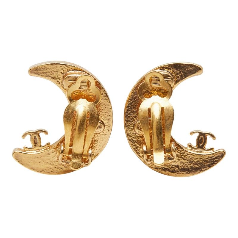 Chanel CC Logo Moon Motif Earrings Gold Plated Rhinestone — view 3