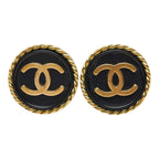 Chanel CC Logo Vintage Round Earrings Black Gold Plated — view 2