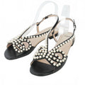 Fendi Faux Pearl Flat Sandals Leather Ankle Strap 39 Black