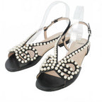 Fendi Faux Pearl Flat Sandals Leather Ankle Strap 39 Black