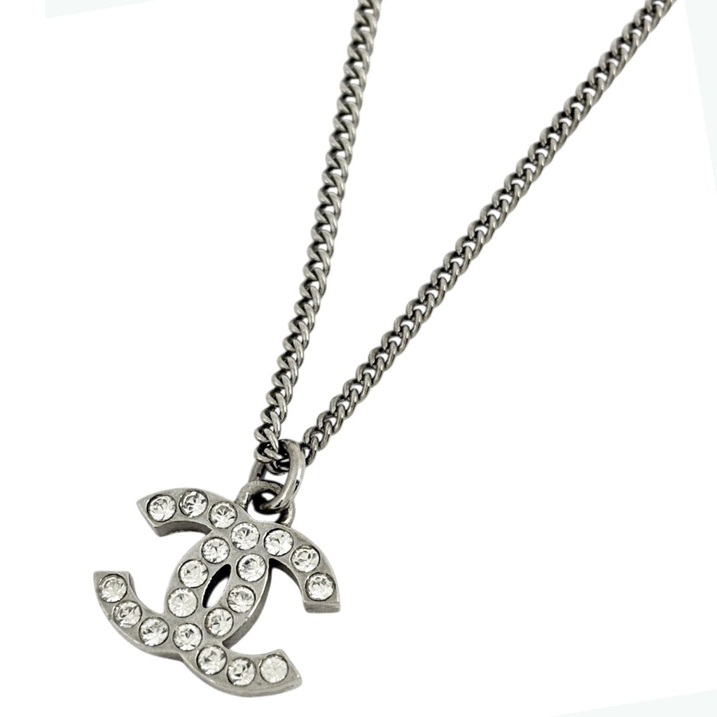 Chanel CC Logo Rhinestone Necklace Silver Plated
