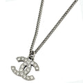 Chanel CC Logo Rhinestone Necklace Silver Plated