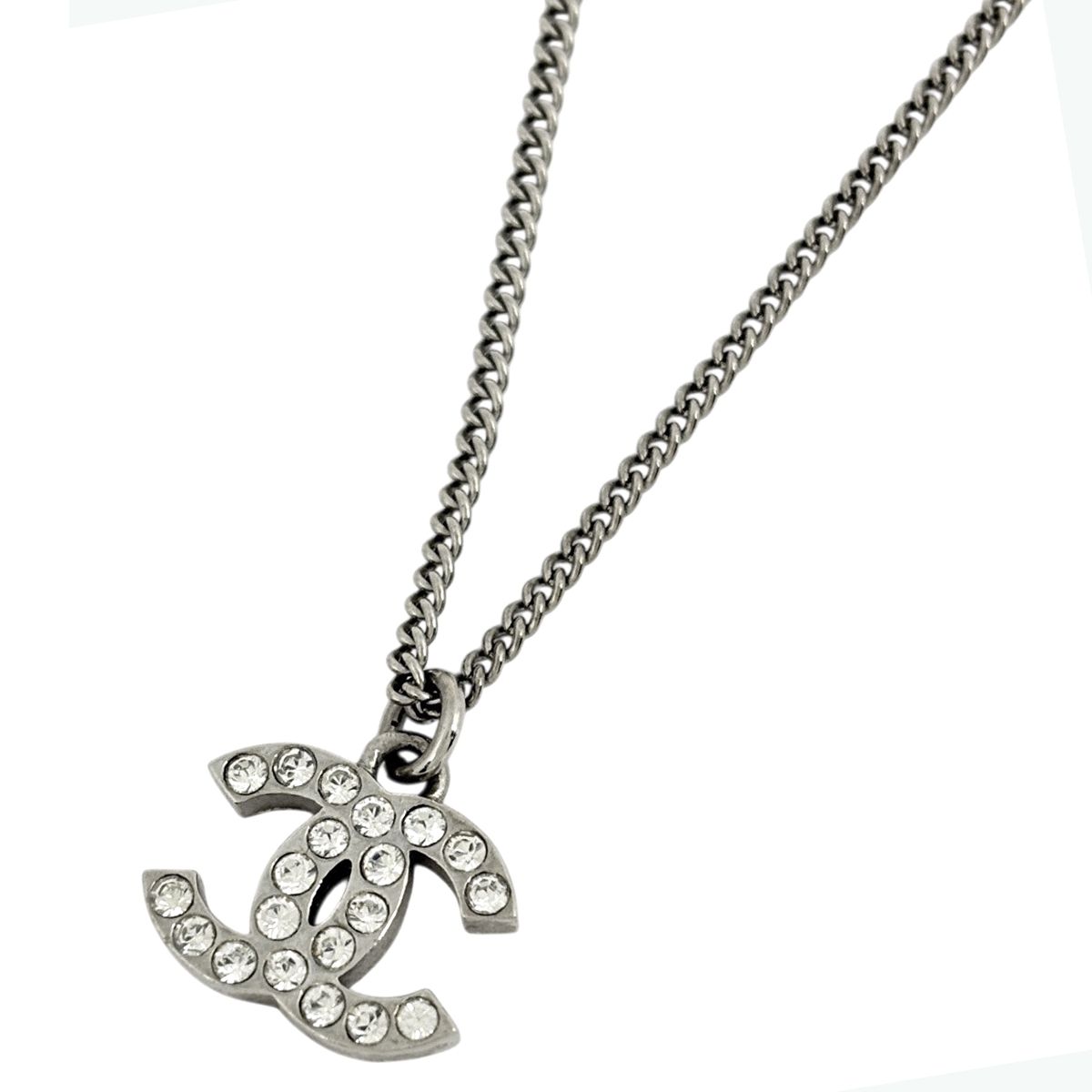 Chanel CC Logo Rhinestone Necklace Silver Plated