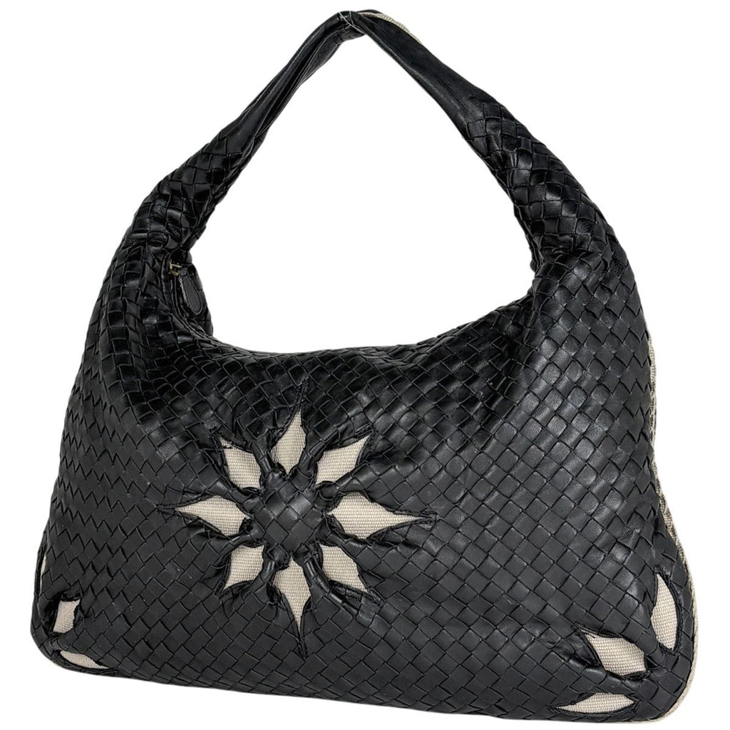 Bottega Veneta Intrecciato Shoulder Bag Leather Black Beige