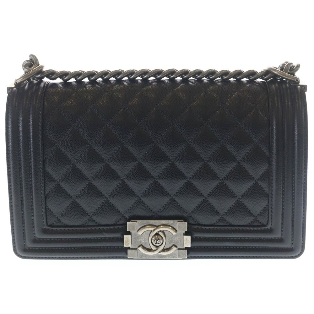 Chanel CC Logo Calfskin Leather Chain Shoulder Bag Silver Black