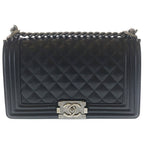 Chanel CC Logo Calfskin Leather Chain Shoulder Bag Silver Black