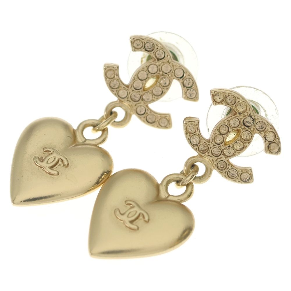 Chanel CC Logo Rhinestone Heart Motif Earrings Gold