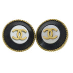 Chanel CC Logo Earrings Round Black White Gold