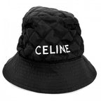 Celine Hat Quilted Bucket Hat Nylon Twill Logo Print M Black Orange