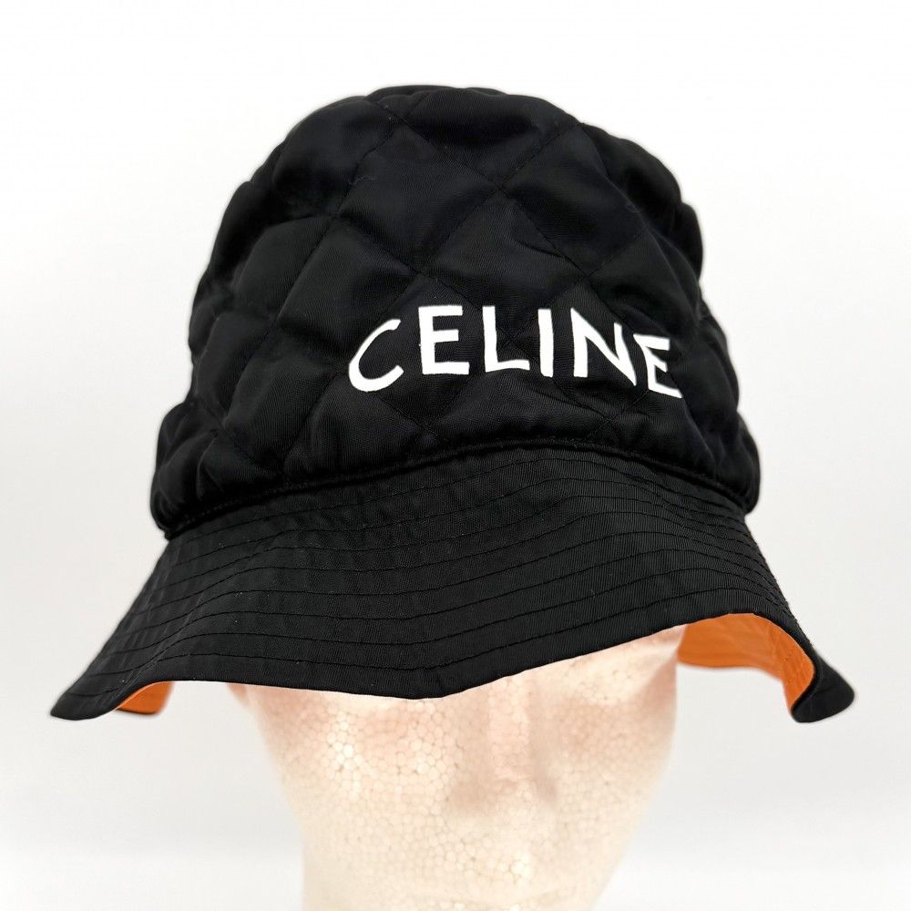 Celine Hat Quilted Bucket Hat Nylon Twill Logo Print M Black Orange — view 2