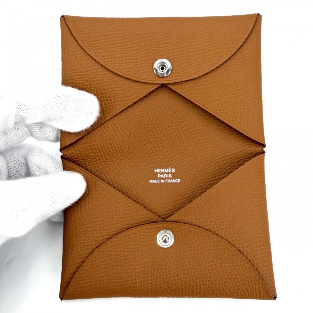 Hermes Card Case Calvi Coin Business Holder Purse Veau Epsom Brown Silver — view 4