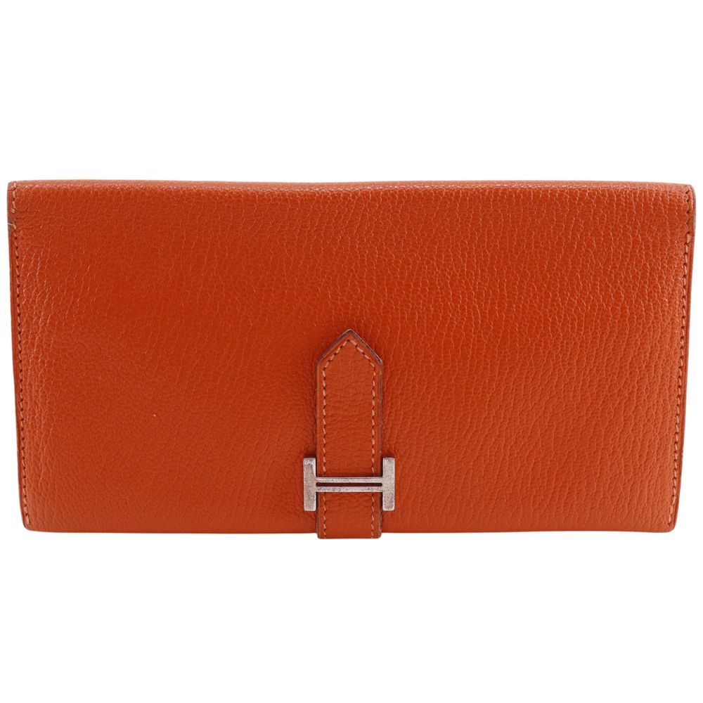 Hermes Bearn Classic Chevre Orange Silver Wallet