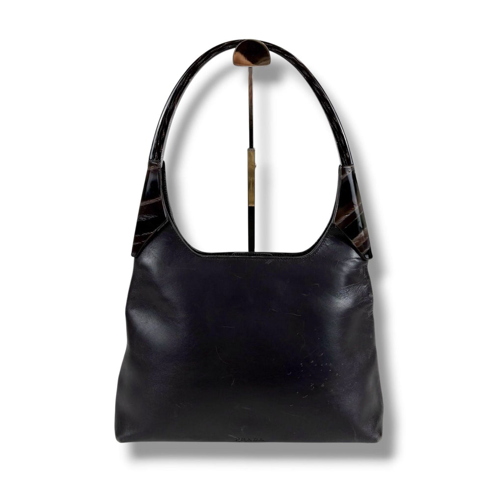 Prada Plastic Handle Shoulder Bag Hobo Tortoiseshell Black Leather