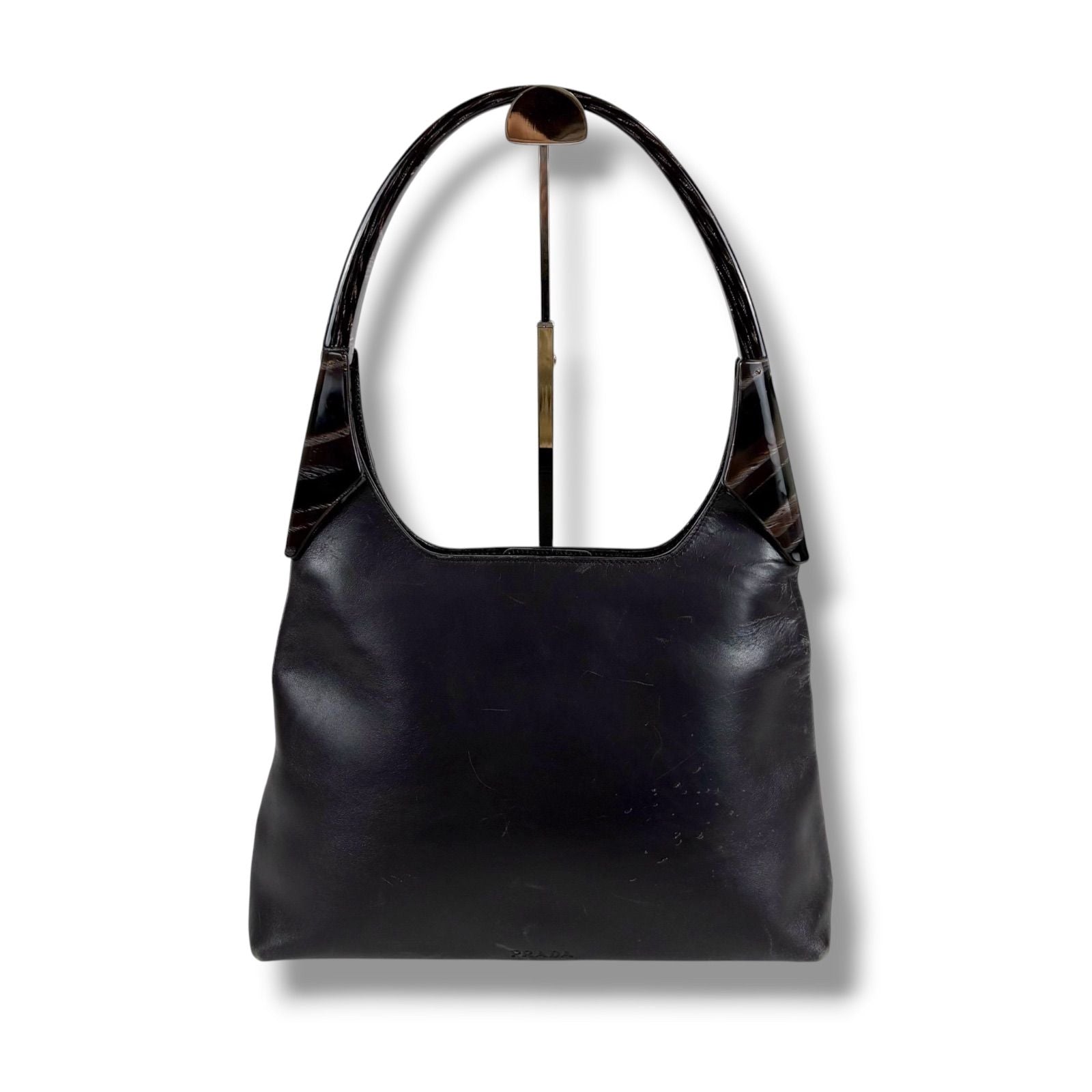 Prada Plastic Handle Shoulder Bag Hobo Tortoiseshell Black Leather