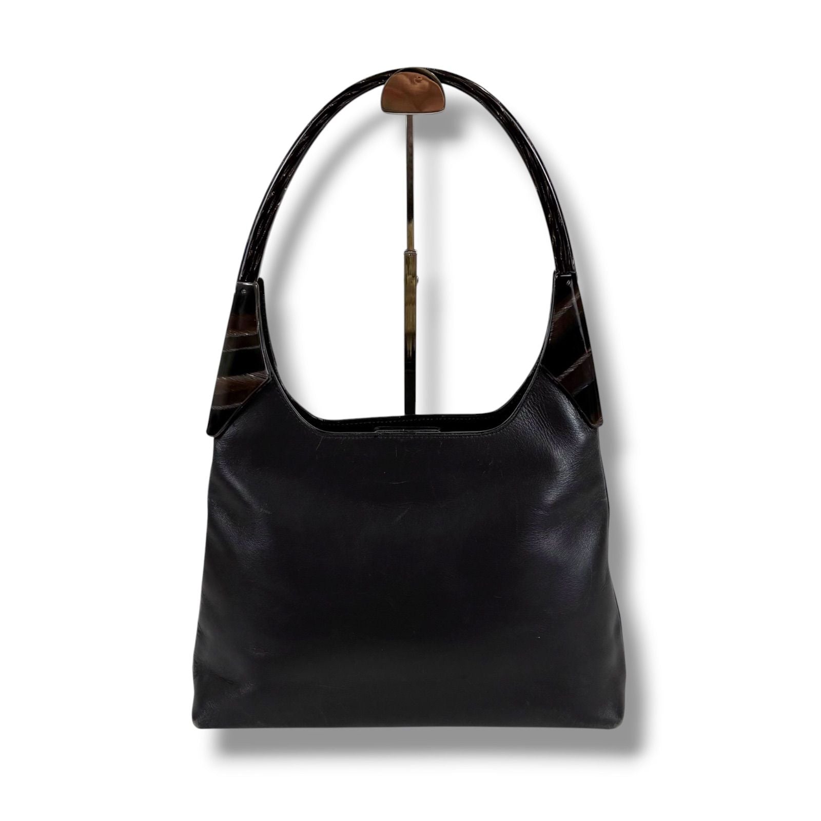 Prada Plastic Handle Shoulder Bag Hobo Tortoiseshell Black Leather — view 2