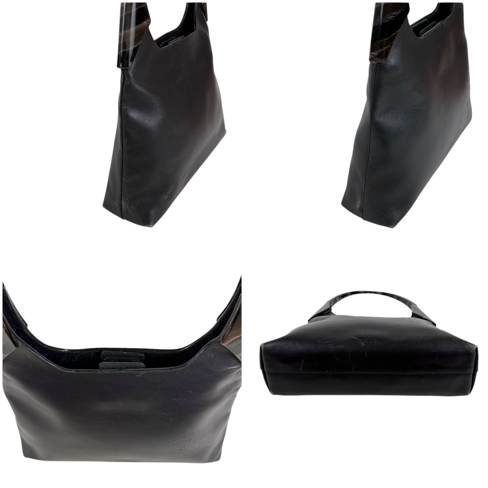 Prada Plastic Handle Shoulder Bag Hobo Tortoiseshell Black Leather — view 3