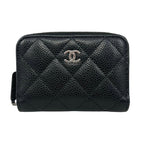 Chanel Card Case Coin Classic Zip Purse Quilted Caviar Leather CC Logo Black