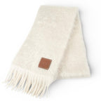Loewe Mohair Wool Anagram Leather Patch Fringe Scarf Ivory