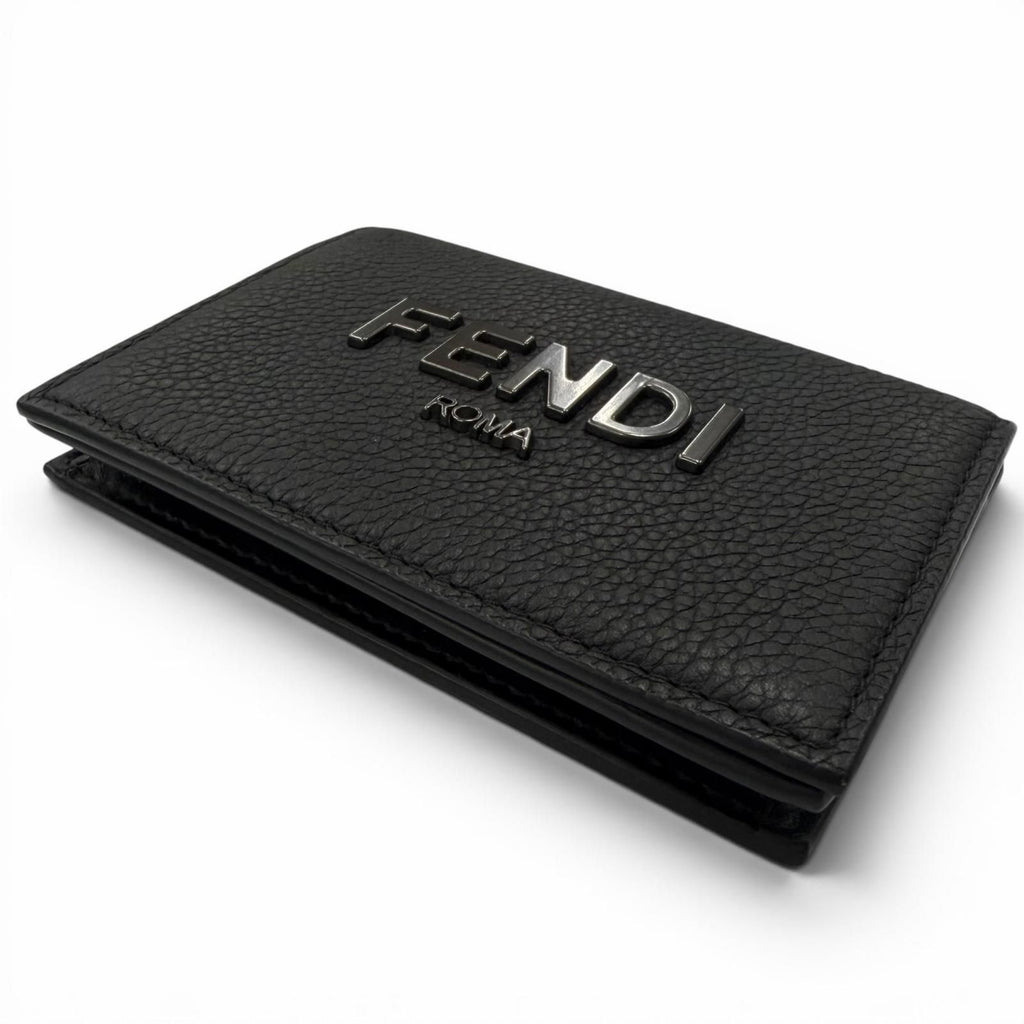 Fendi Leather Logo Bifold Business Card Holder Case Black Gunmetallic Recommende — view 3