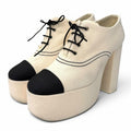 Chanel Rhinestone CC Logo Lace Up Thick Sole Booties Up Shoes Beige Black