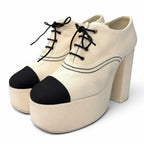 Chanel Rhinestone CC Logo Lace Up Thick Sole Booties Up Shoes Beige Black