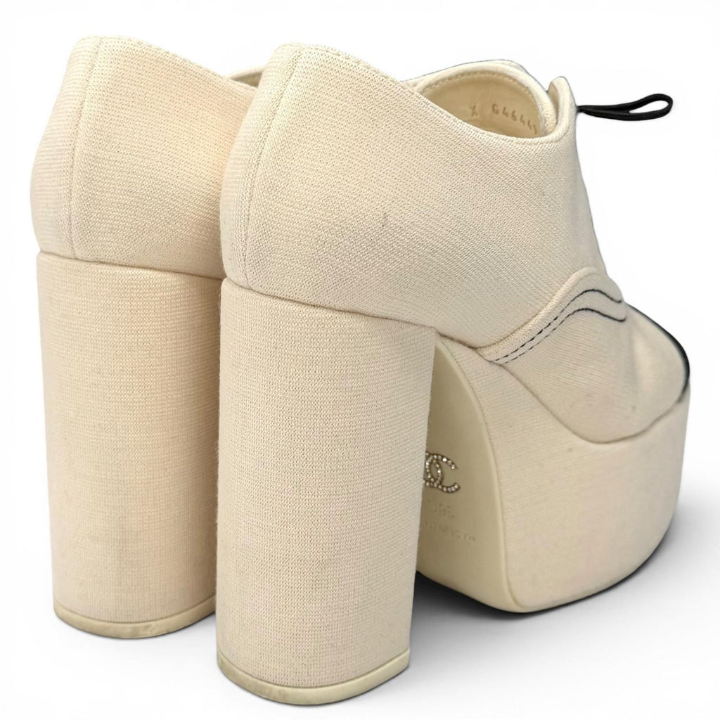 Chanel Rhinestone CC Logo Lace Up Thick Sole Booties Up Shoes Beige Black — view 2