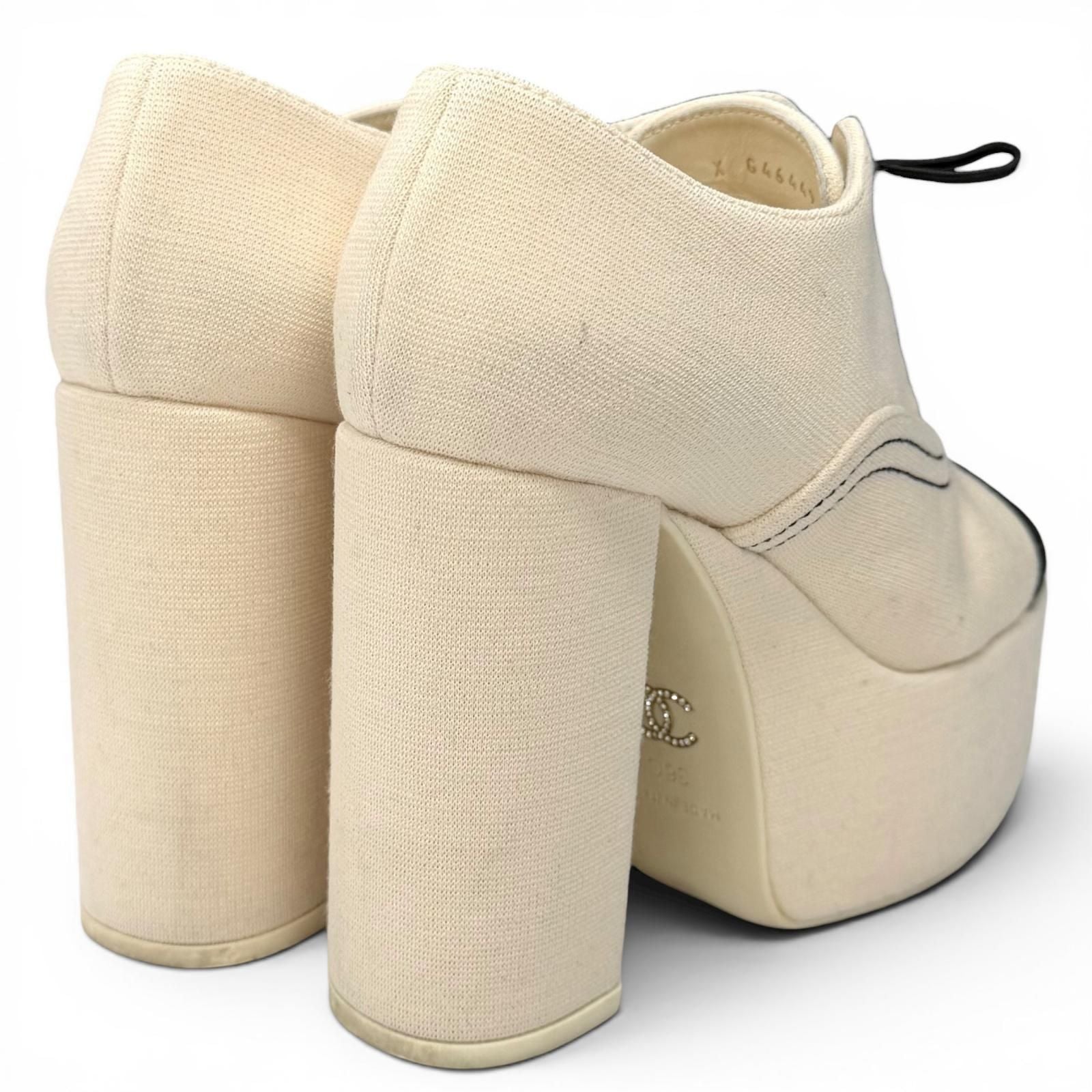 Chanel Rhinestone CC Logo Lace Up Thick Sole Booties Up Shoes Beige Black — view 2