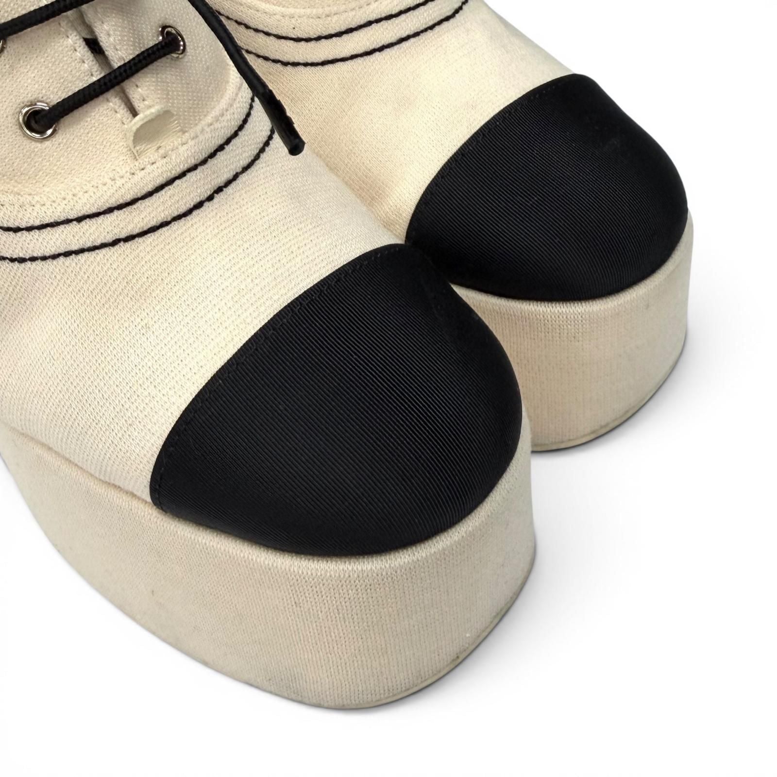 Chanel Rhinestone CC Logo Lace Up Thick Sole Booties Up Shoes Beige Black — view 7