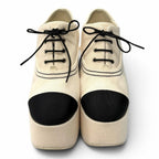 Chanel Rhinestone CC Logo Lace Up Thick Sole Booties Up Shoes Beige Black — view 3