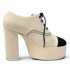 Chanel Rhinestone CC Logo Lace Up Thick Sole Booties Up Shoes Beige Black — view 5