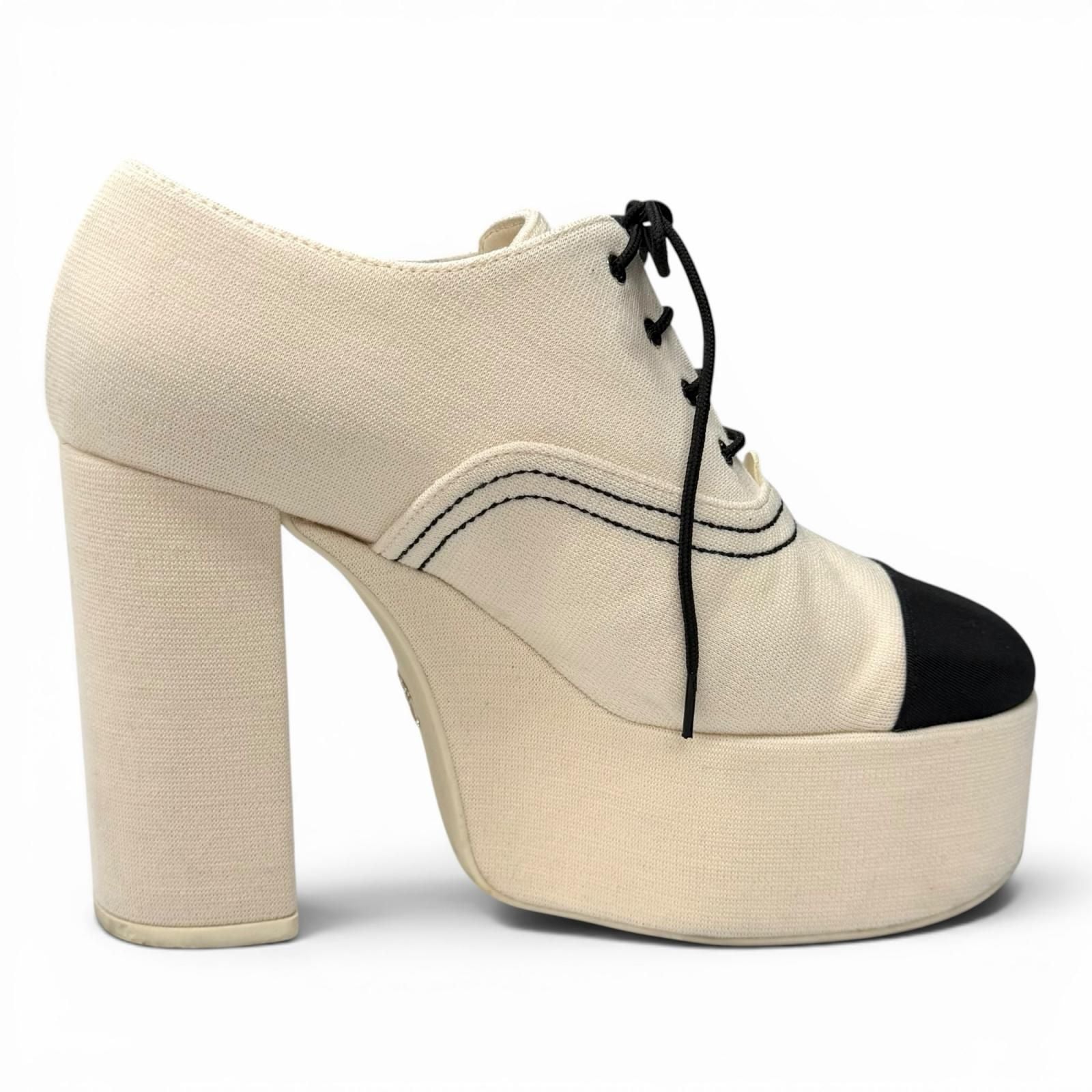 Chanel Rhinestone CC Logo Lace Up Thick Sole Booties Up Shoes Beige Black — view 5