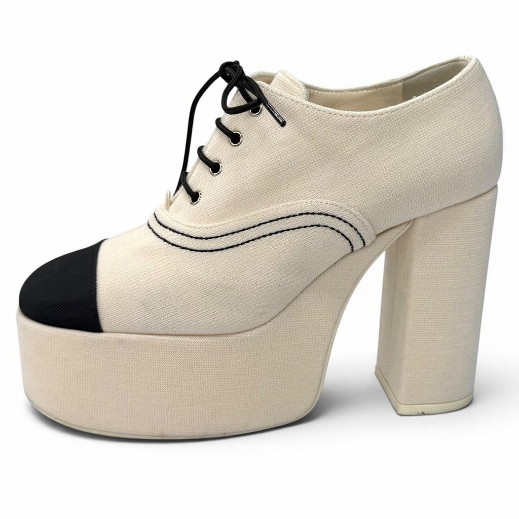 Chanel Rhinestone CC Logo Lace Up Thick Sole Booties Up Shoes Beige Black — view 4