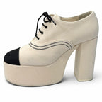 Chanel Rhinestone CC Logo Lace Up Thick Sole Booties Up Shoes Beige Black — view 4