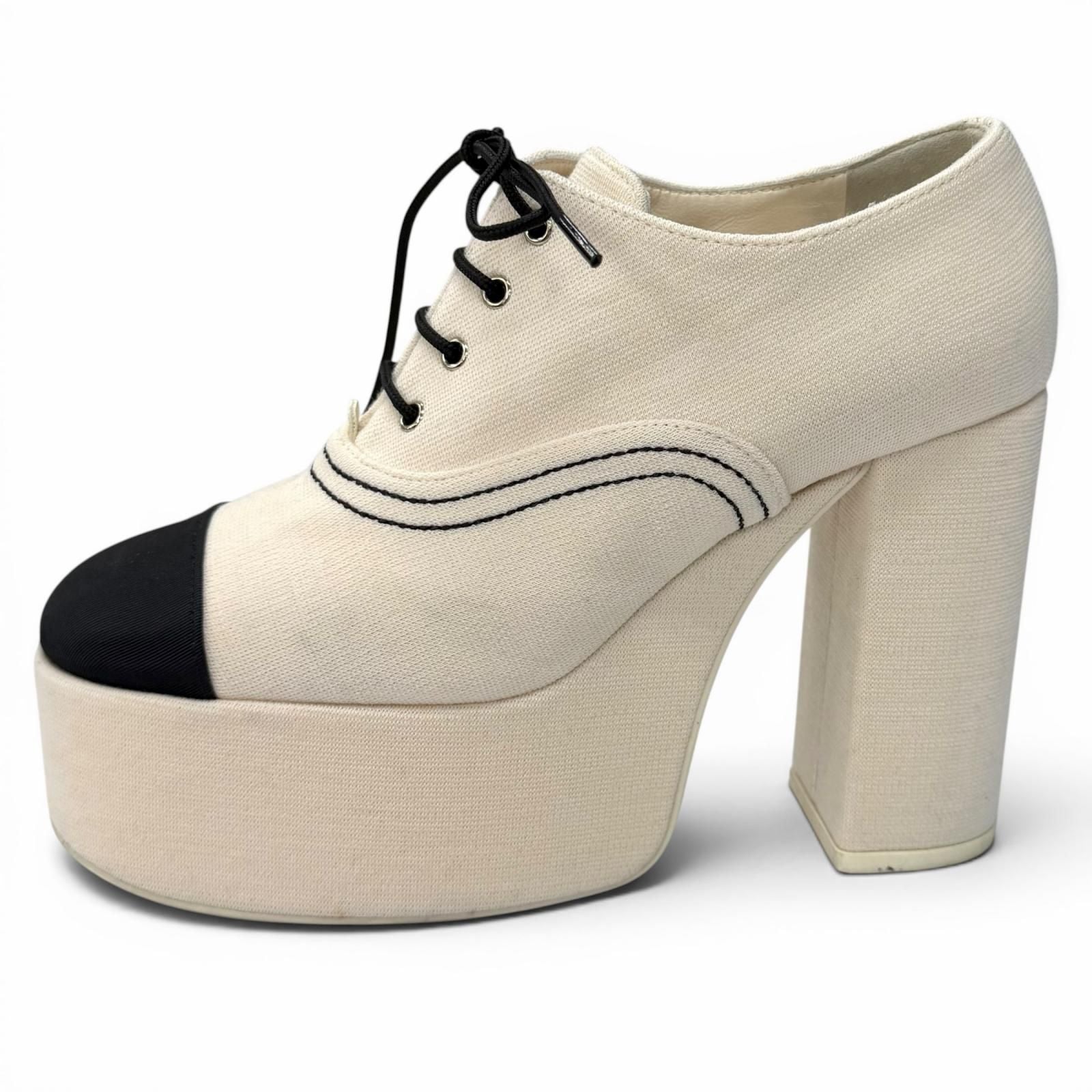 Chanel Rhinestone CC Logo Lace Up Thick Sole Booties Up Shoes Beige Black — view 4