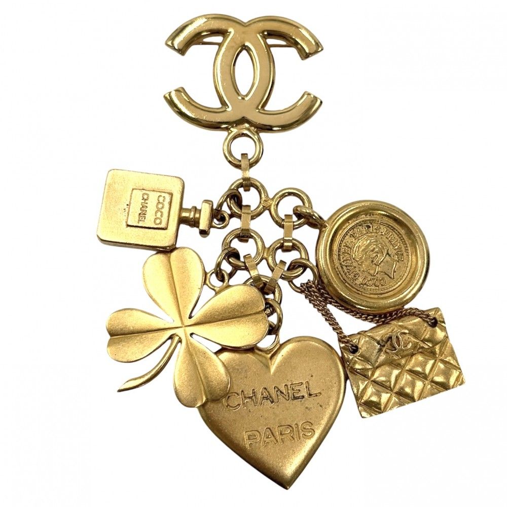 Chanel Brooch Icon CC Logo Clover Heart Quilted Vintage Gold Plated
