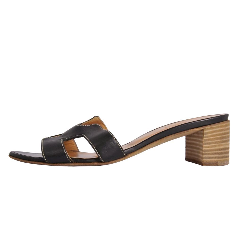 Hermes Sandals Oasis Logo Leather Heels Shoes — view 7