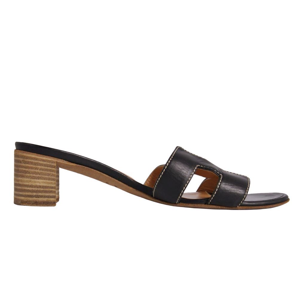 Hermes Sandals Oasis Logo Leather Heels Shoes — view 6
