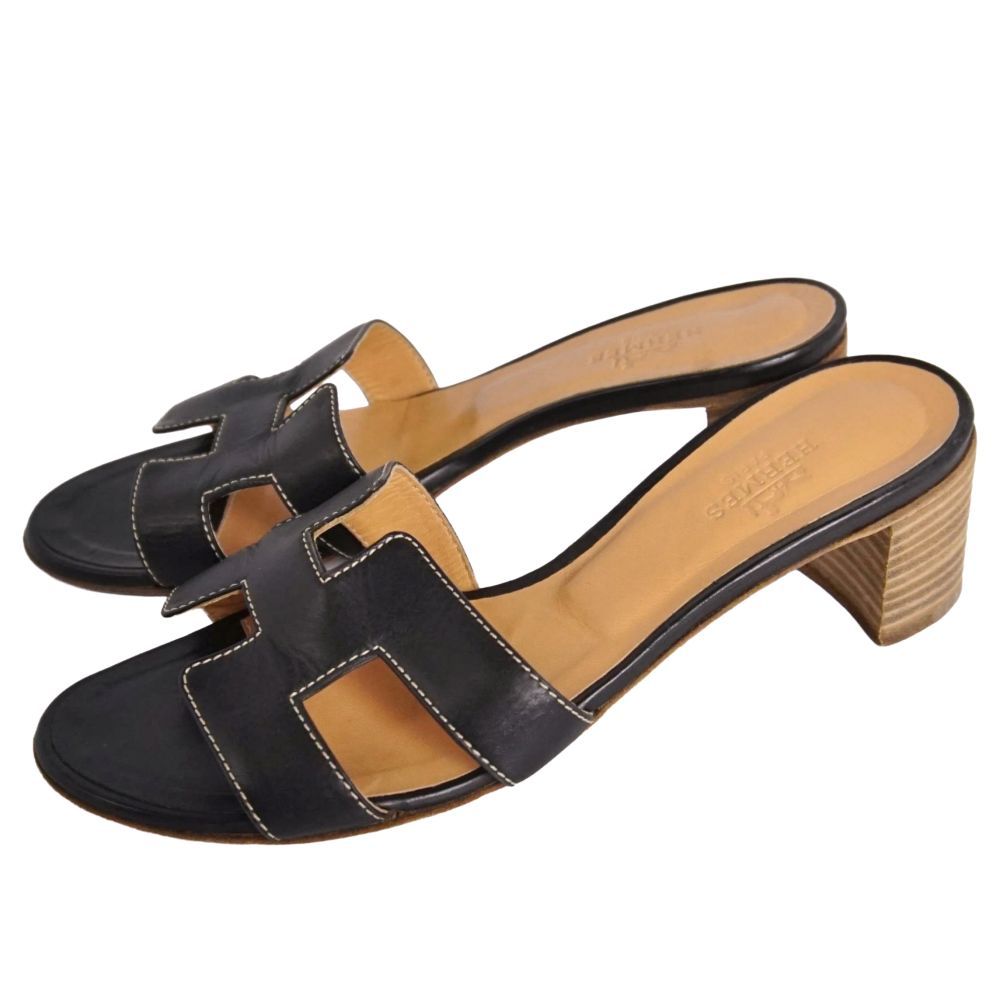 Hermes Sandals Oasis Logo Leather Heels Shoes — view 2