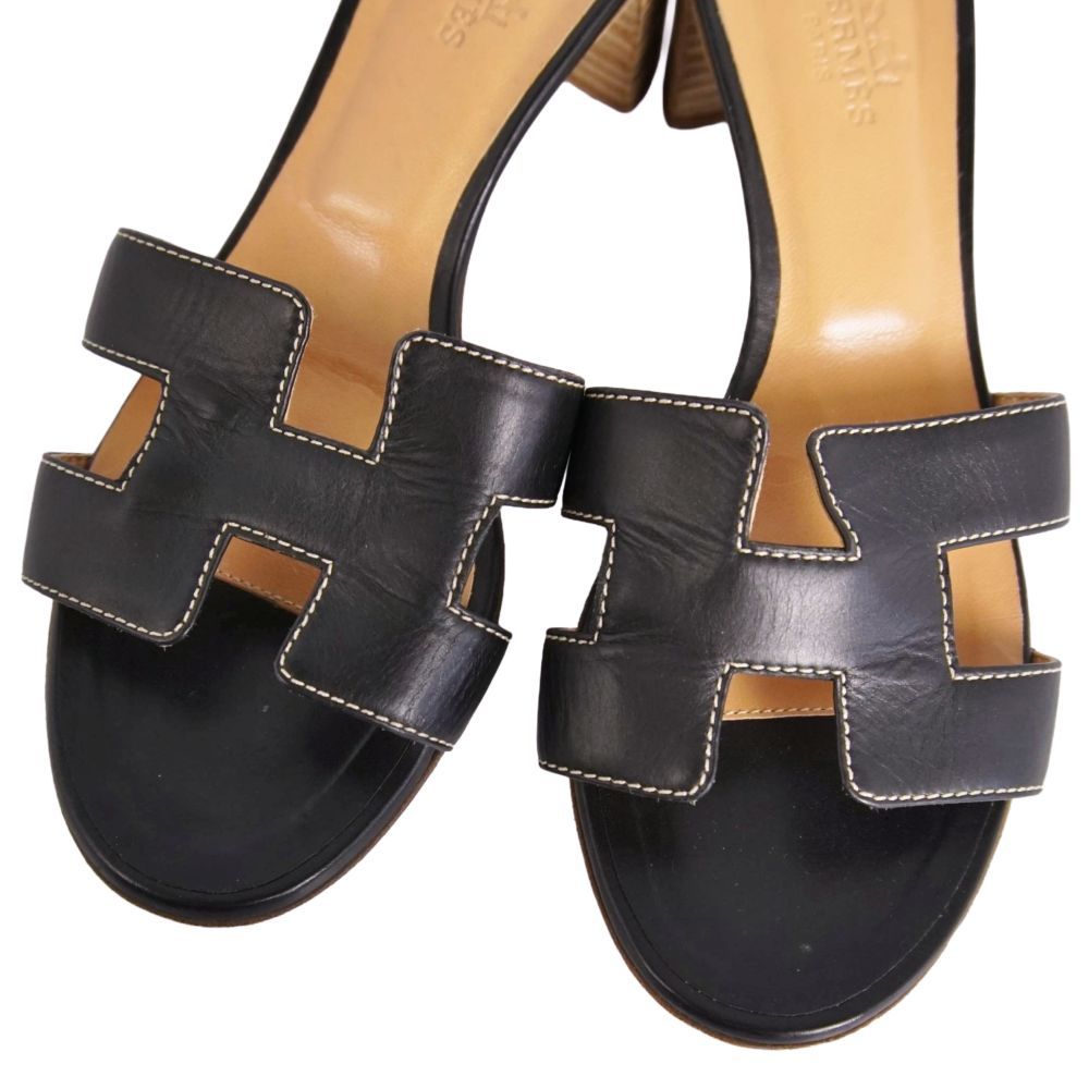 Hermes Sandals Oasis Logo Leather Heels Shoes — view 3