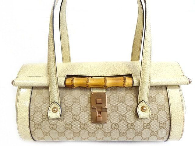 Gucci Handbag Bamboo Leather Cream GG Canvas Tote Blanc