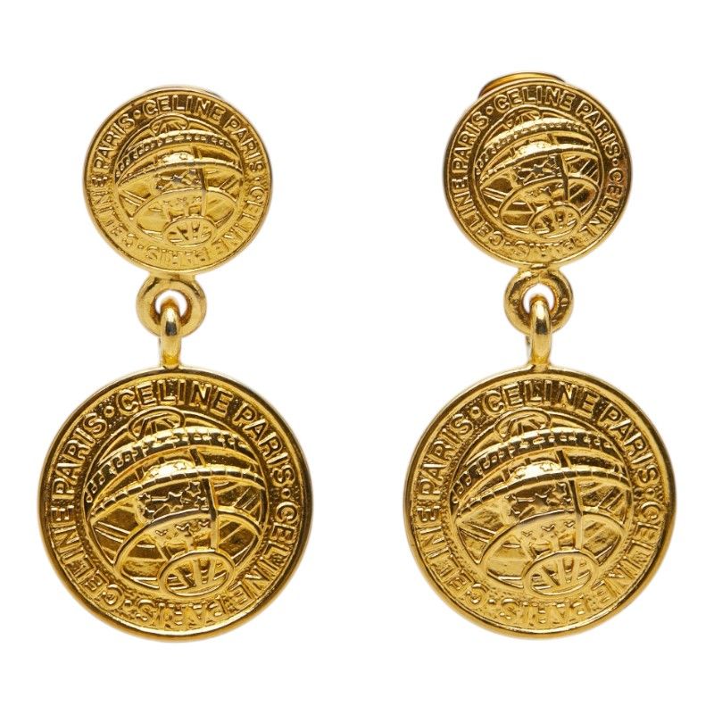 Celine Logo Vintage Round Earrings Gold Plated